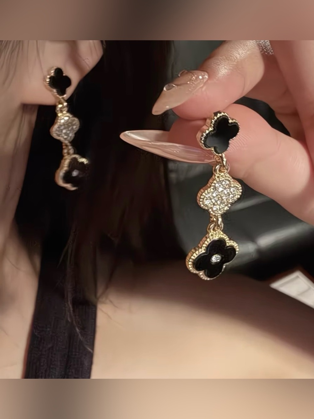 Gold & Black Clover Drop Earrings - Women's Jewelry